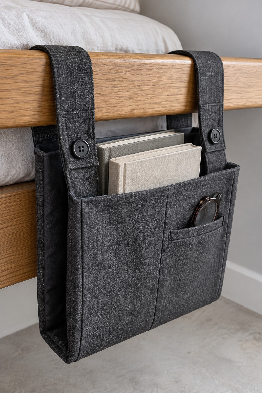Dark gray bedside pocket caddy suspended from two wide straps