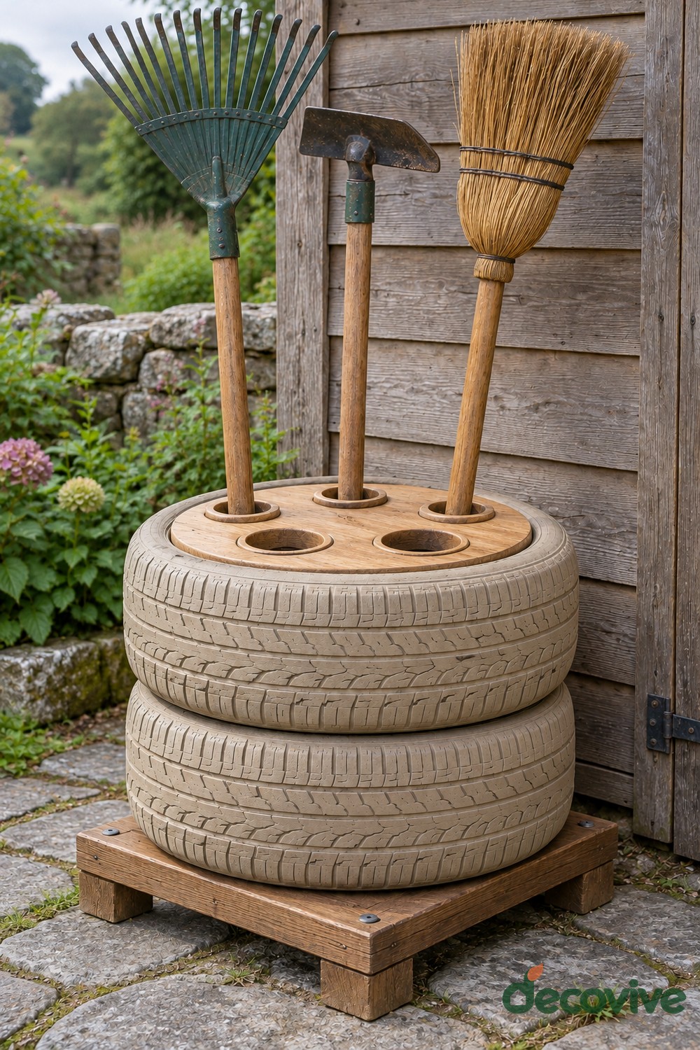 Two beige tires on a square wooden platform with a round wooden top holding a rake, hoe, and broom through separate holes