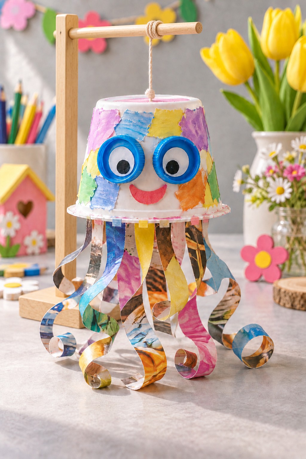 Hanging inverted cup jellyfish decorated with colorful paper patches, blue cap eyes, and curled magazine strips