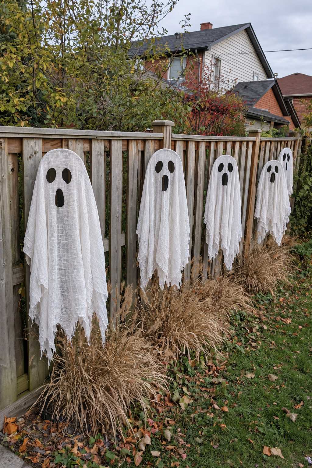 White fabric ghosts with black faces hanging along a wooden fence above dry ornamental grasses