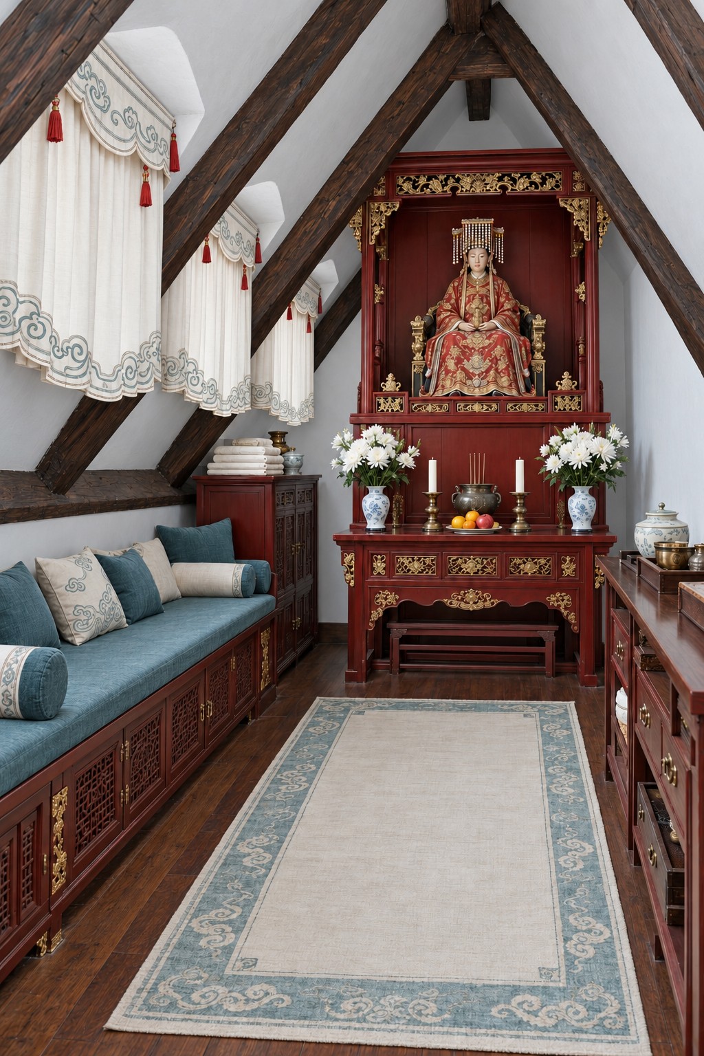 Red and gold Chinese devotional shrine beneath dark attic beams beside teal bench seating and porcelain vases