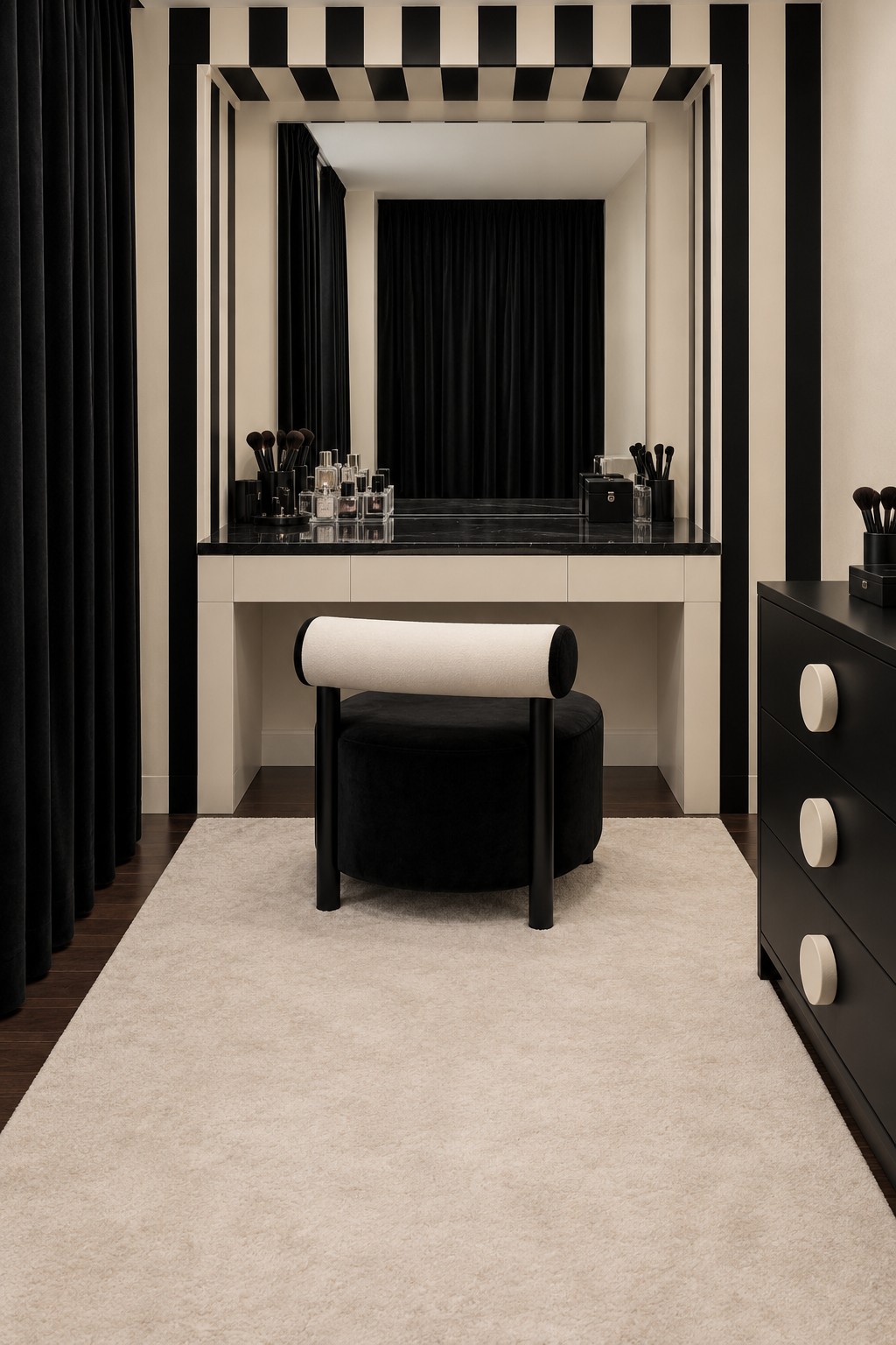 Black and ivory striped dressing alcove with an ivory desk, black chair, dark curtains, and pale rug