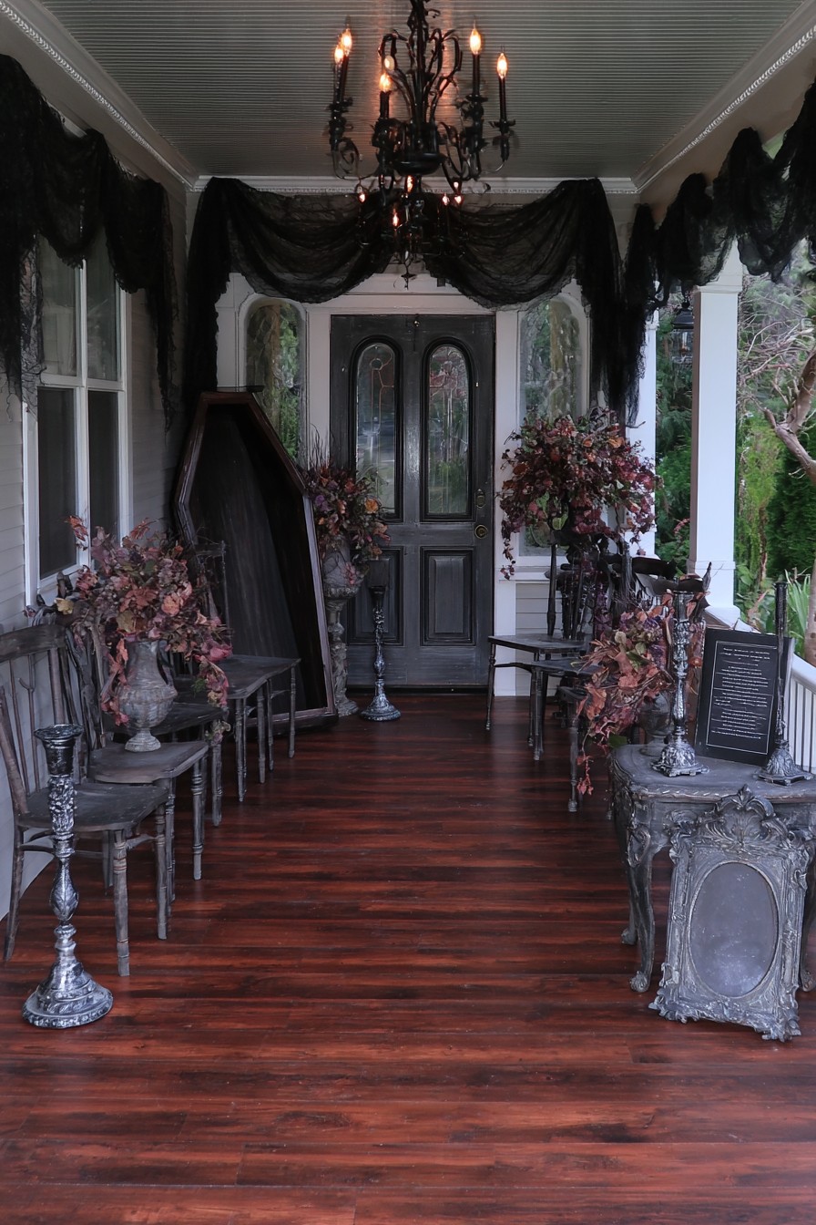 Dark porch with gauze swags, a coffin-shaped prop, wooden chairs, and muted floral urns