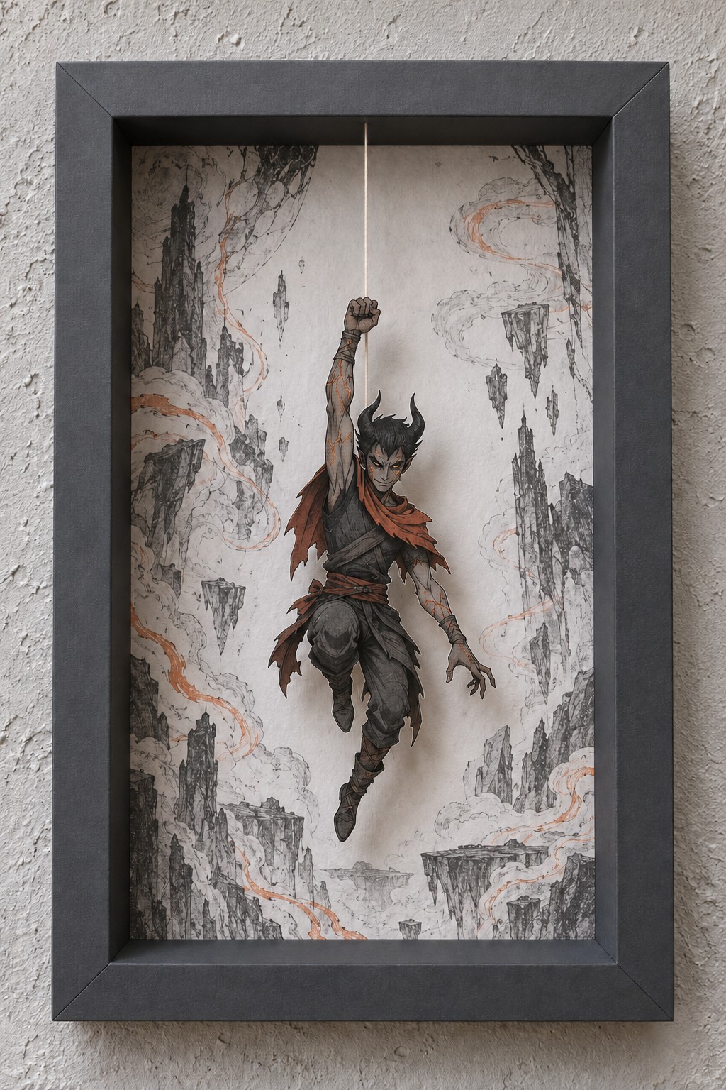 Dark haired paper adventurer with an orange scarf suspended over pale cliffs and floating rock artwork