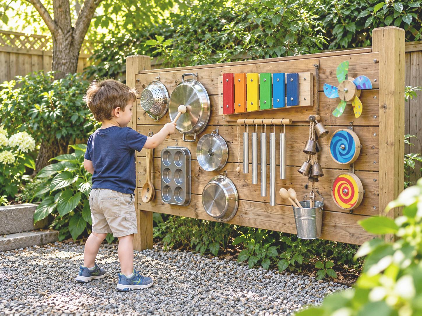 Child tapping a garden music panel with pan lids, a muffin tray, chimes, and colored bars