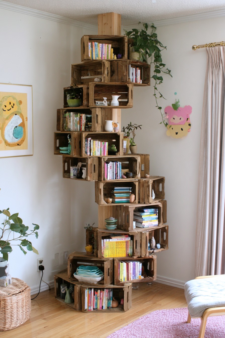 Staggered spiral tower of wooden crates holding books and decorative objects