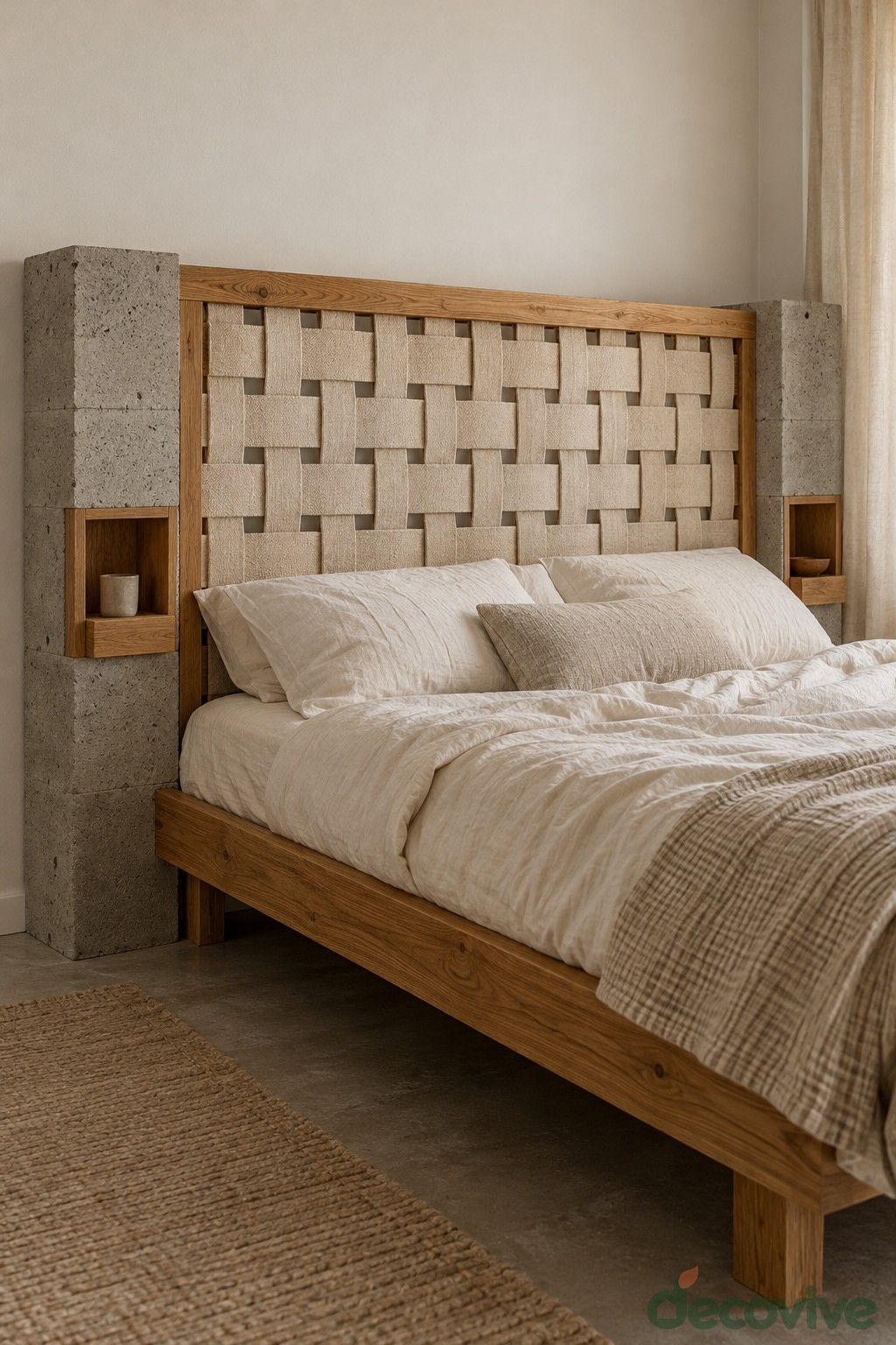 Bed with a woven cream headboard between tall concrete block bedside columns