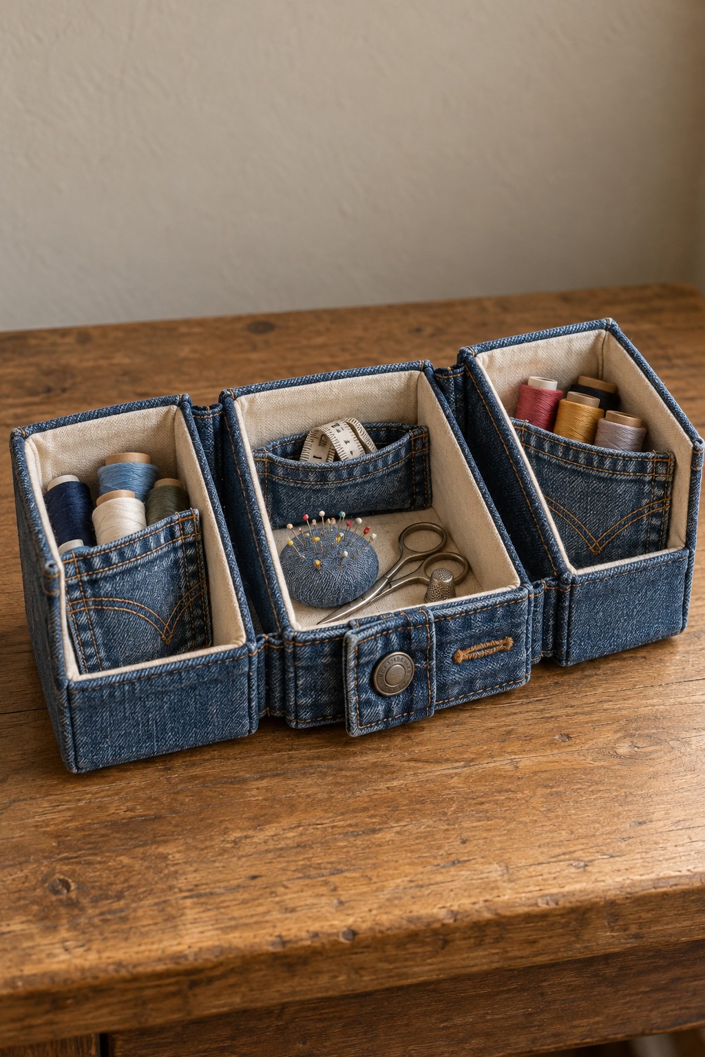 Denim covered open compartments arranged as a rectangular sewing organizer