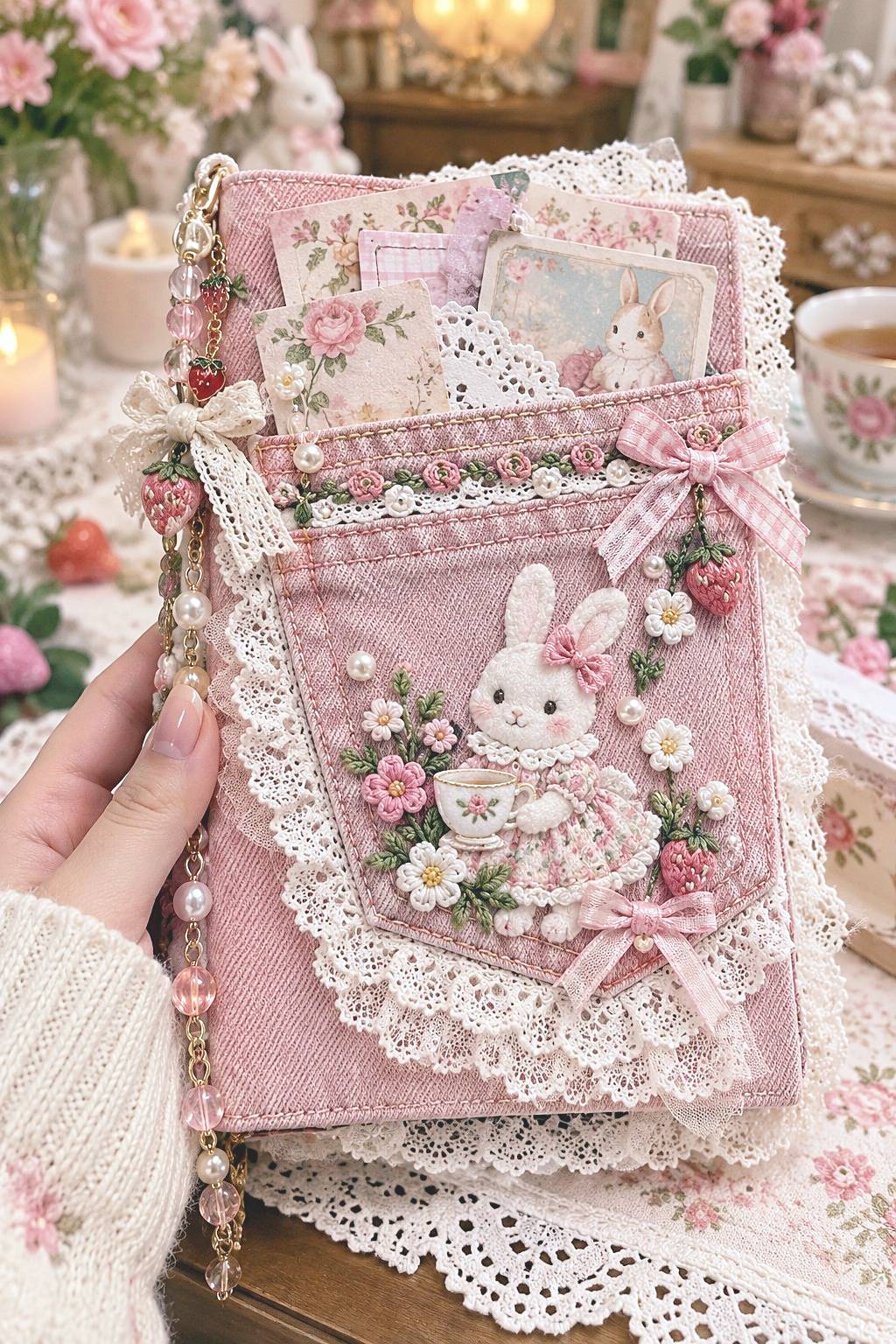 Dusty pink cottagecore sketchbook with a bunny embroidered pocket, small flowers, gingham trim, and cards