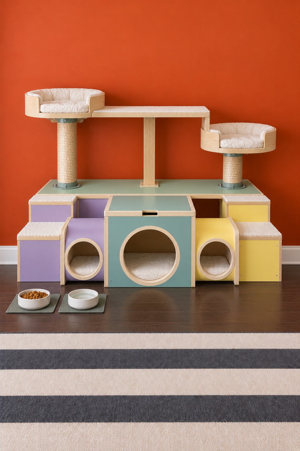 Pastel cat tunnel boxes supporting a central walkway and two round beds on sisal posts
