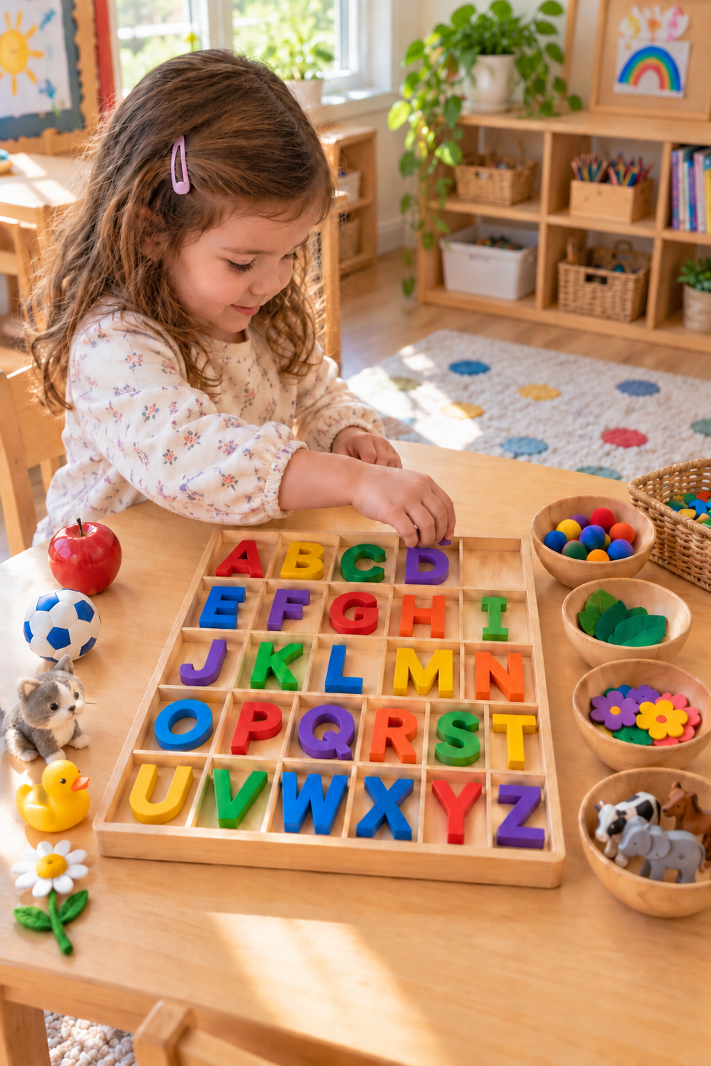 Uppercase alphabet pieces arranged in a divided wooden tray