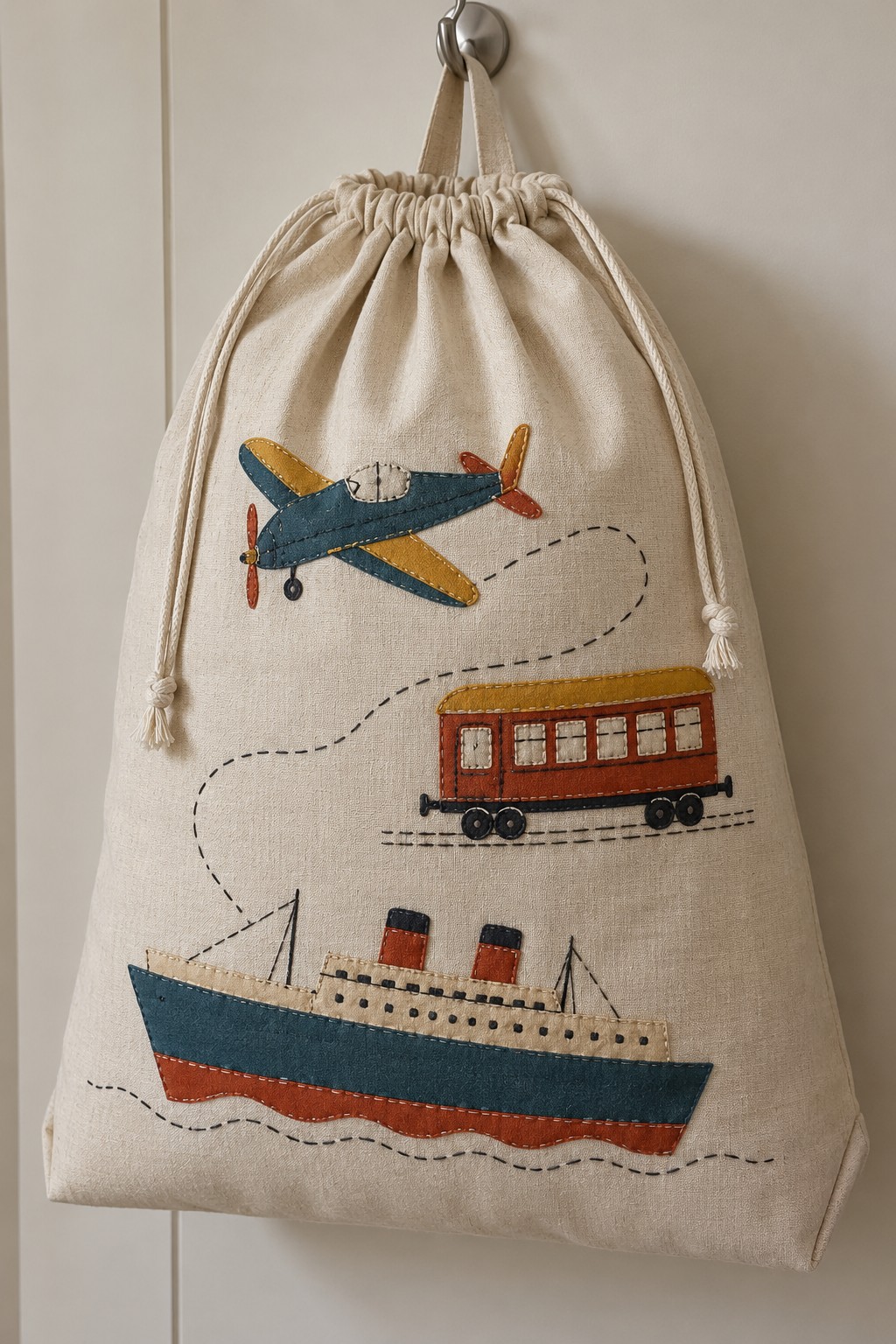 Cream drawstring bag with an airplane, red tram, ocean liner and stitched travel paths