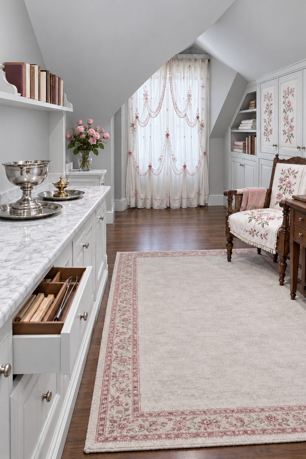 White attic storage cabinets with folded linens open drawers metal vessels and a floral reading chair