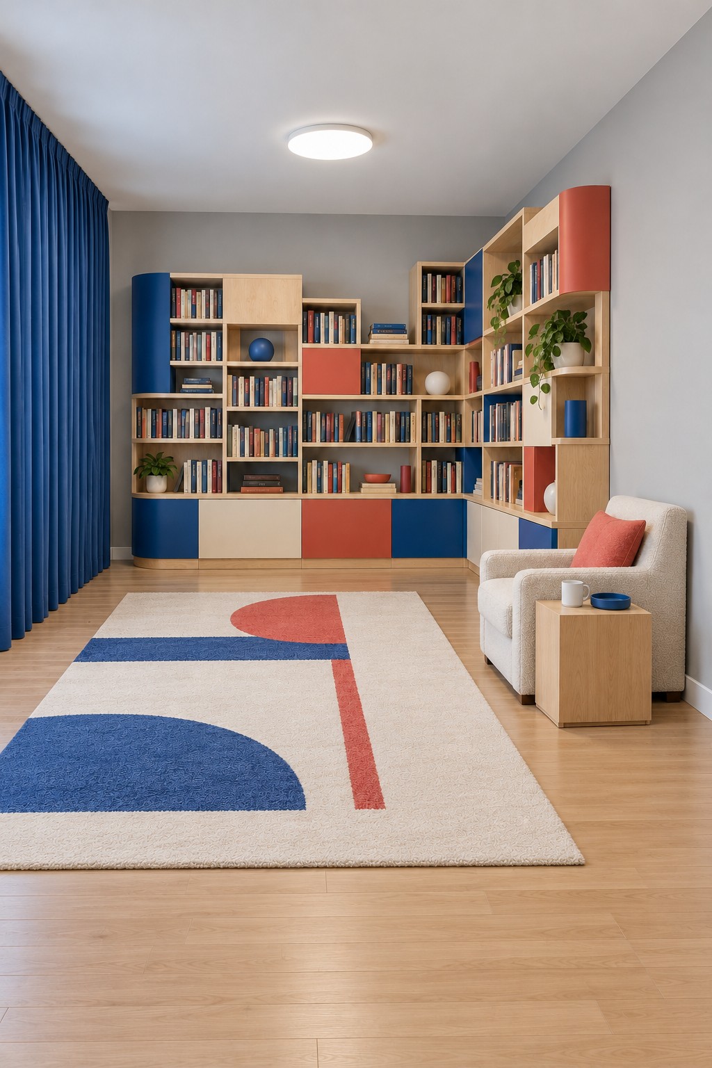 Modern wood shelving with blue and coral cabinet blocks, a cream armchair, blue curtains and an abstract rug