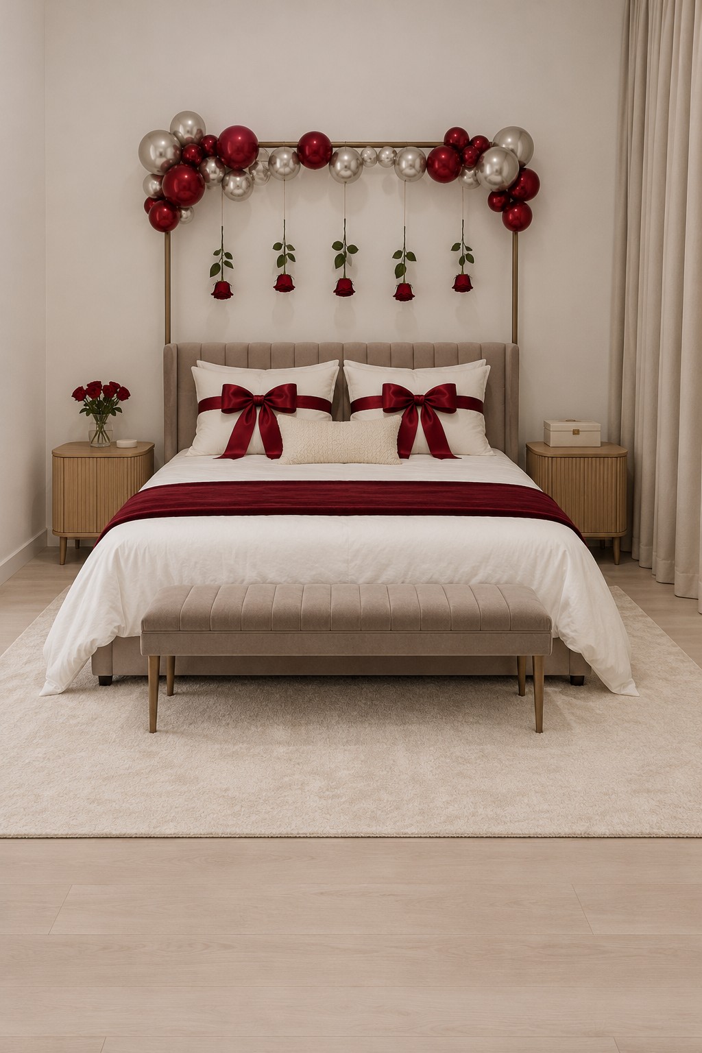 Cream bed with burgundy bow cushions beneath a rectangular frame decorated with balloons and hanging roses