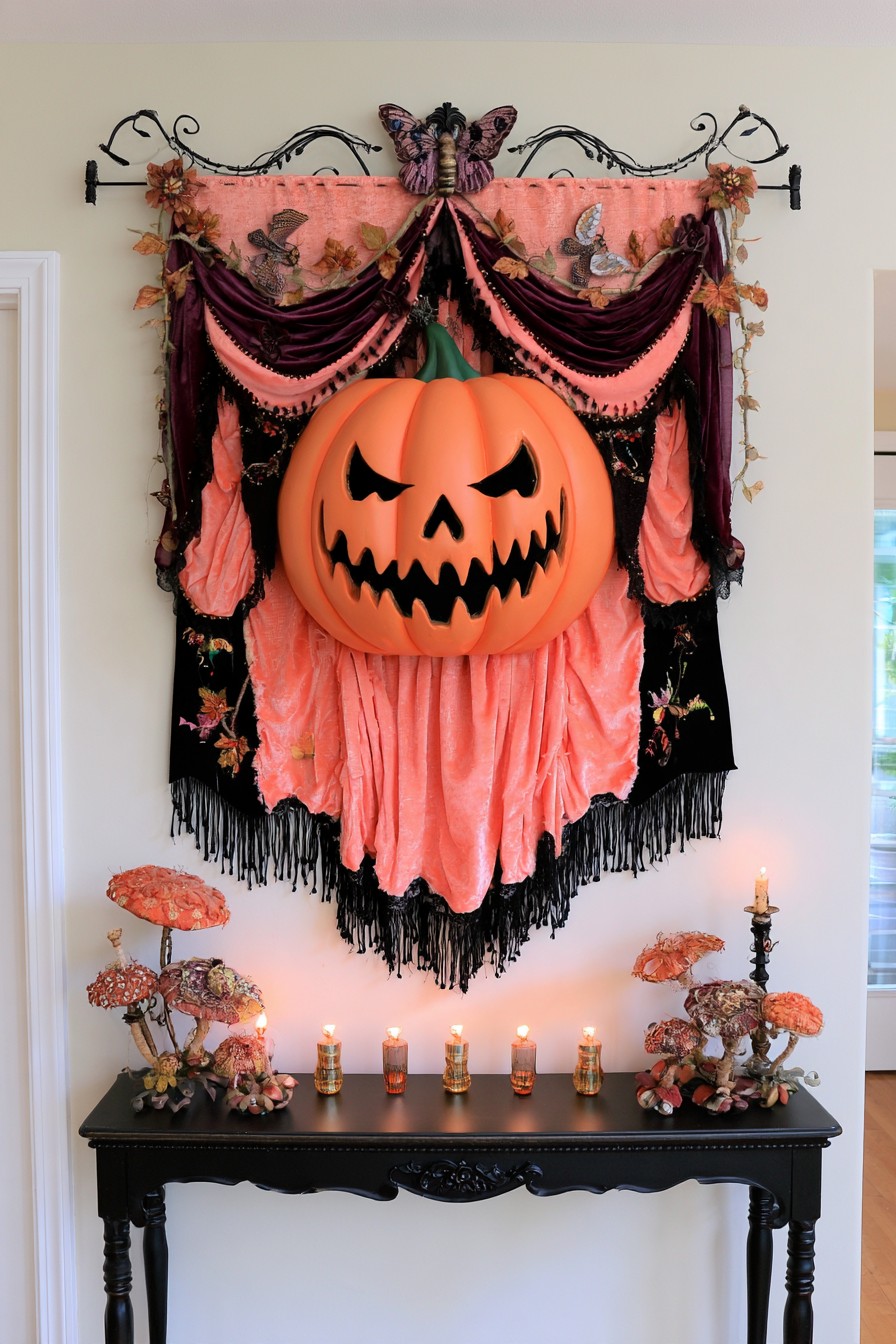 Large orange pumpkin against coral and burgundy drapery above a black console
