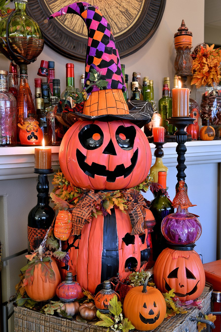 Stacked orange pumpkin witch with a crooked patchwork hat and autumn leaves