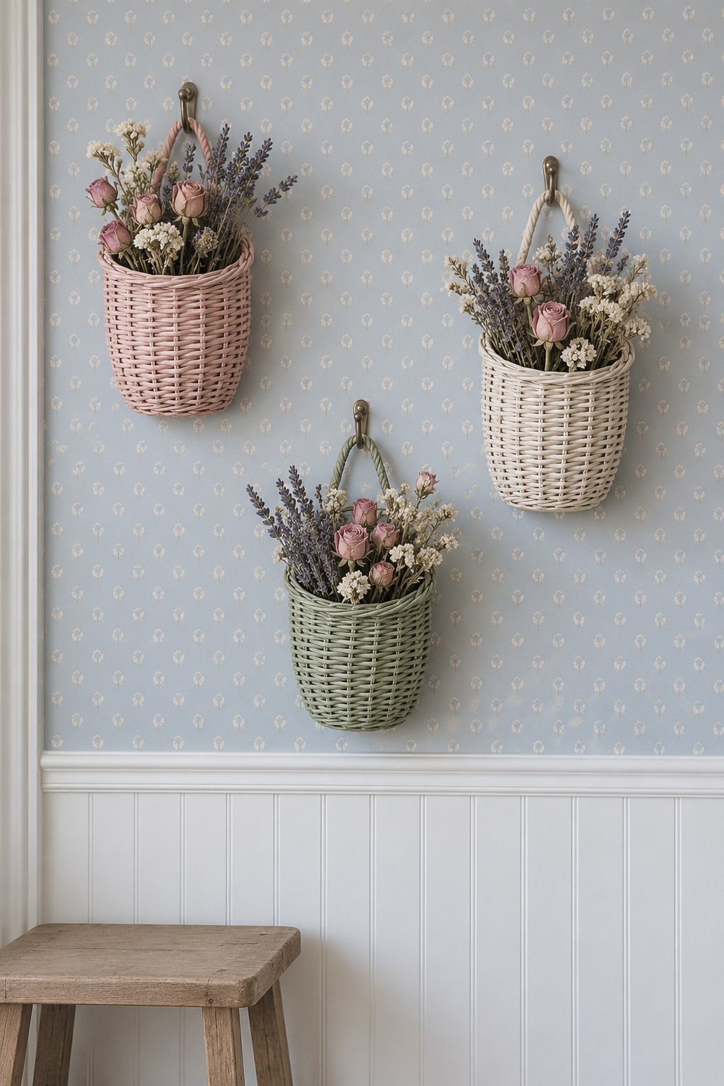 Three pastel wicker wall baskets with dried flowers on blue daisy wallpaper above white beadboard