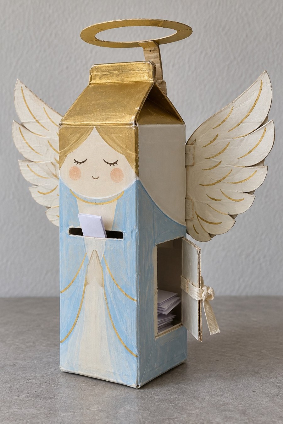 Pale blue angel carton with golden halo rear wings and a front pocket holding notes