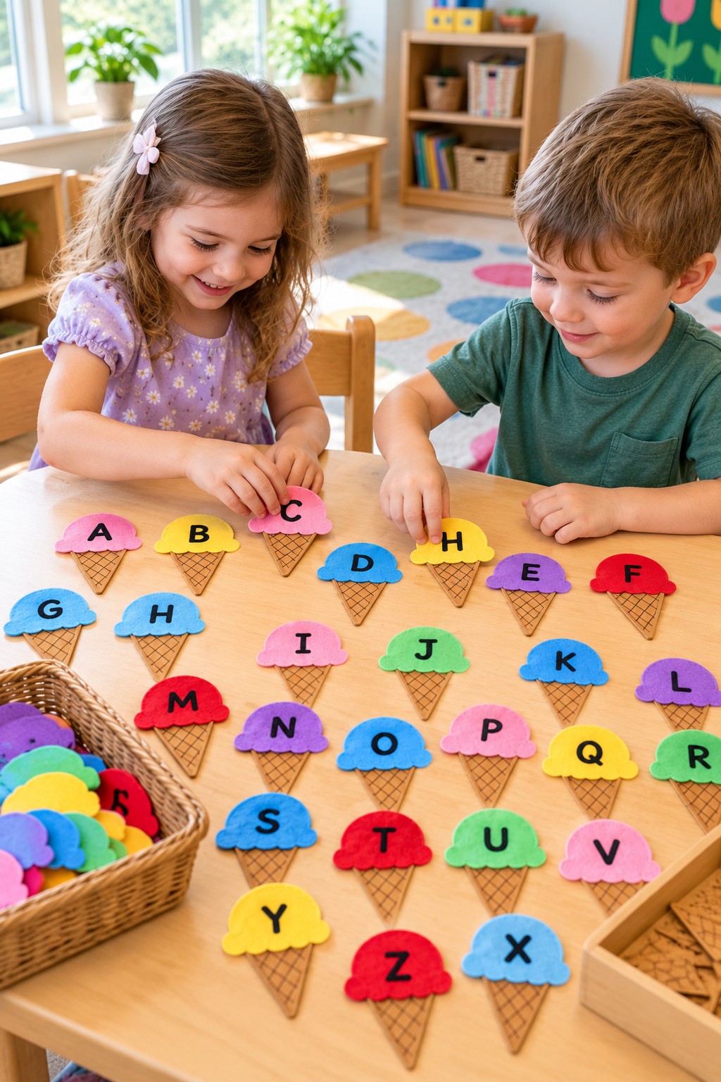 Felt ice cream scoops with uppercase letters beside unlabeled cones
