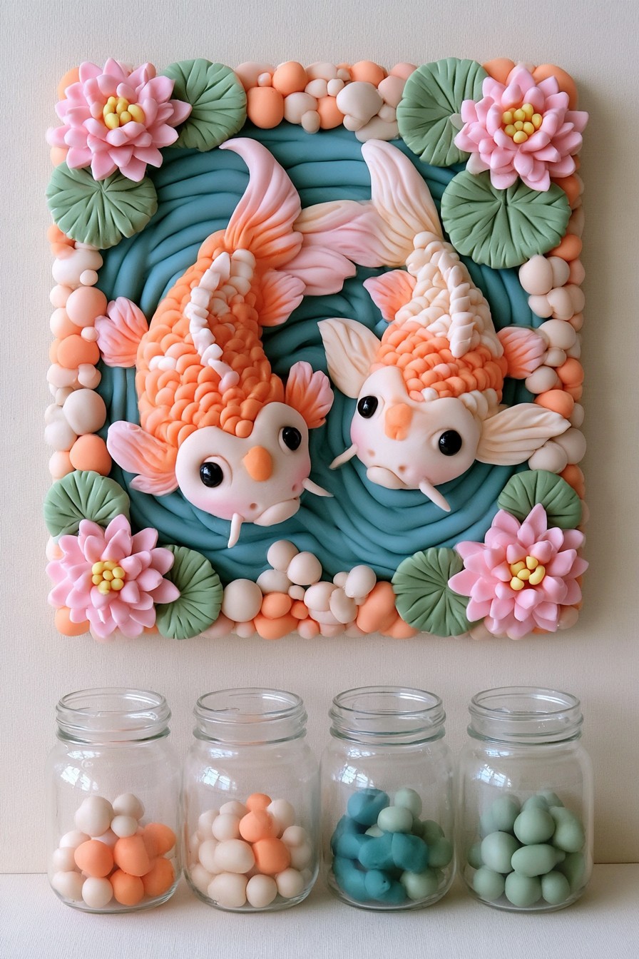 Two orange and white sculpted koi on blue rippled water with lily pads and pink flowers