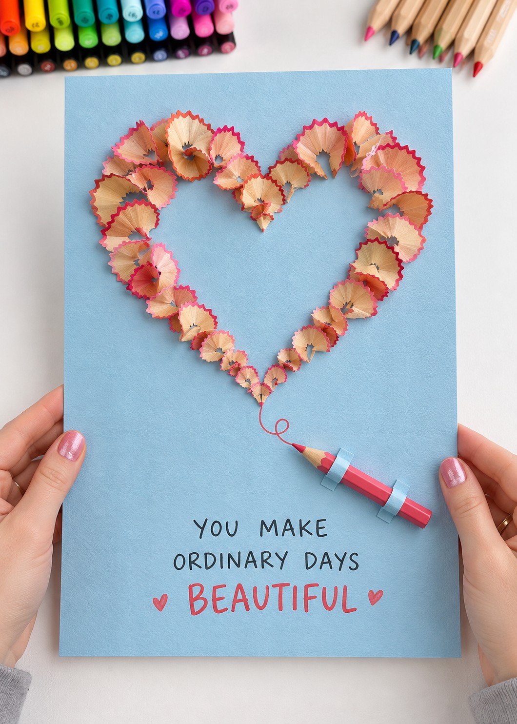 Blue poster with a heart made of curled colored pencil shavings and a small red pencil beneath the message about beautiful ordinary days