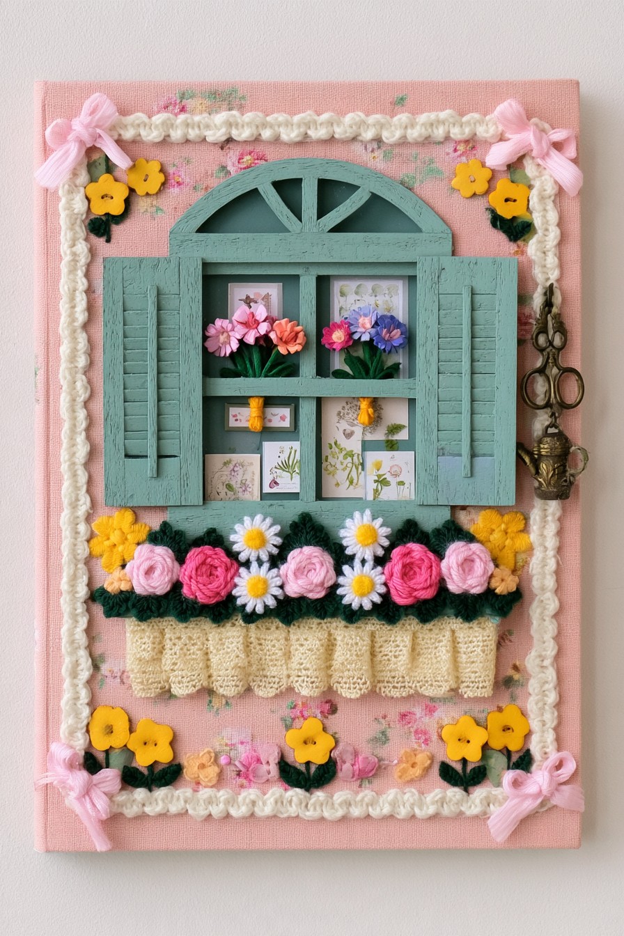Pink fabric sketchbook with a sage cottage window, miniature botanical cards, and crochet flower boxes