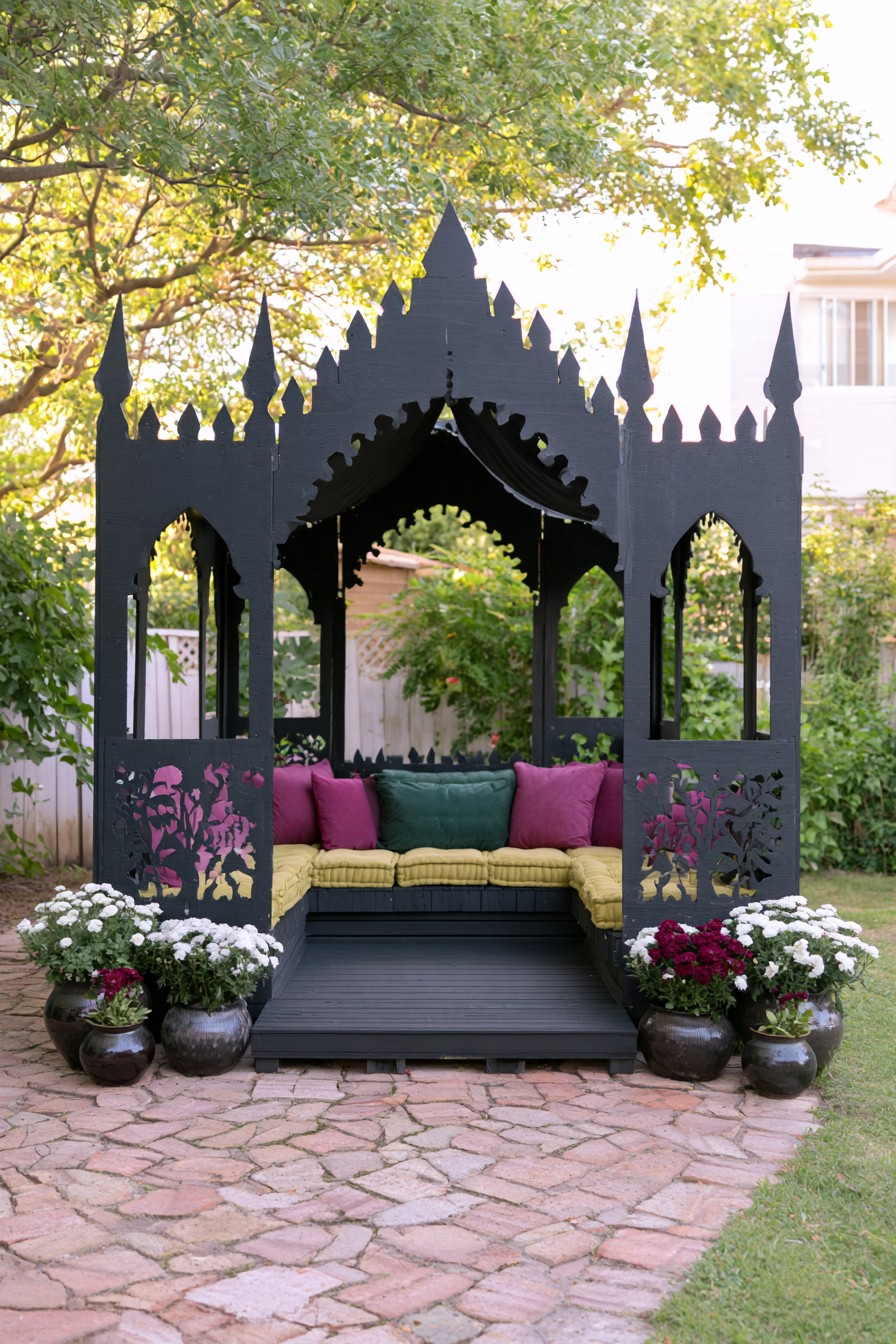 Charcoal castle-style facade with pointed spires, cutout screens, and mustard seat pads