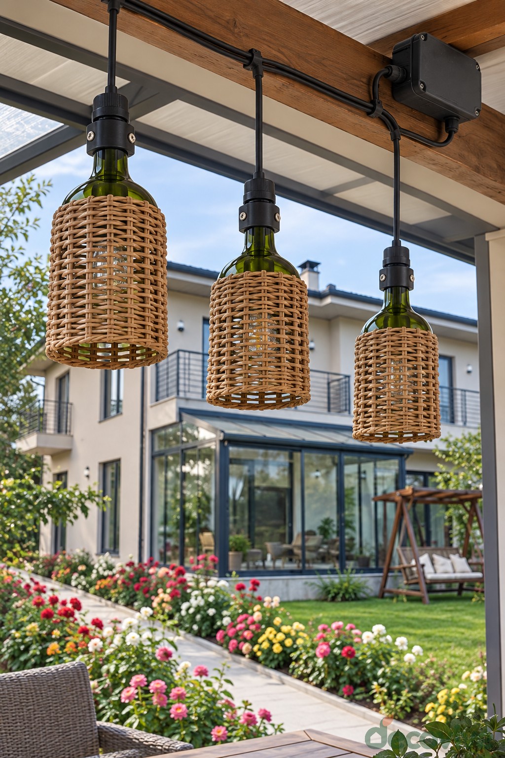 Three wine bottle pendant lamps covered with woven rattan shades