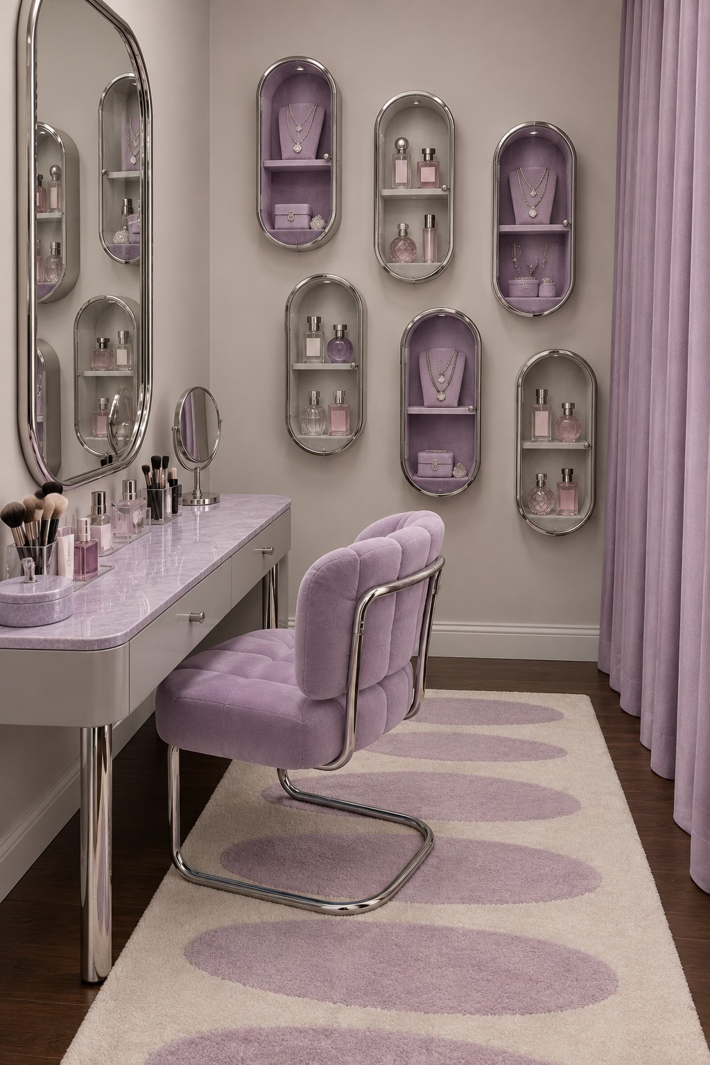 Lilac and gray vanity room with chrome framed capsule shelves, lavender chair, and oval patterned rug