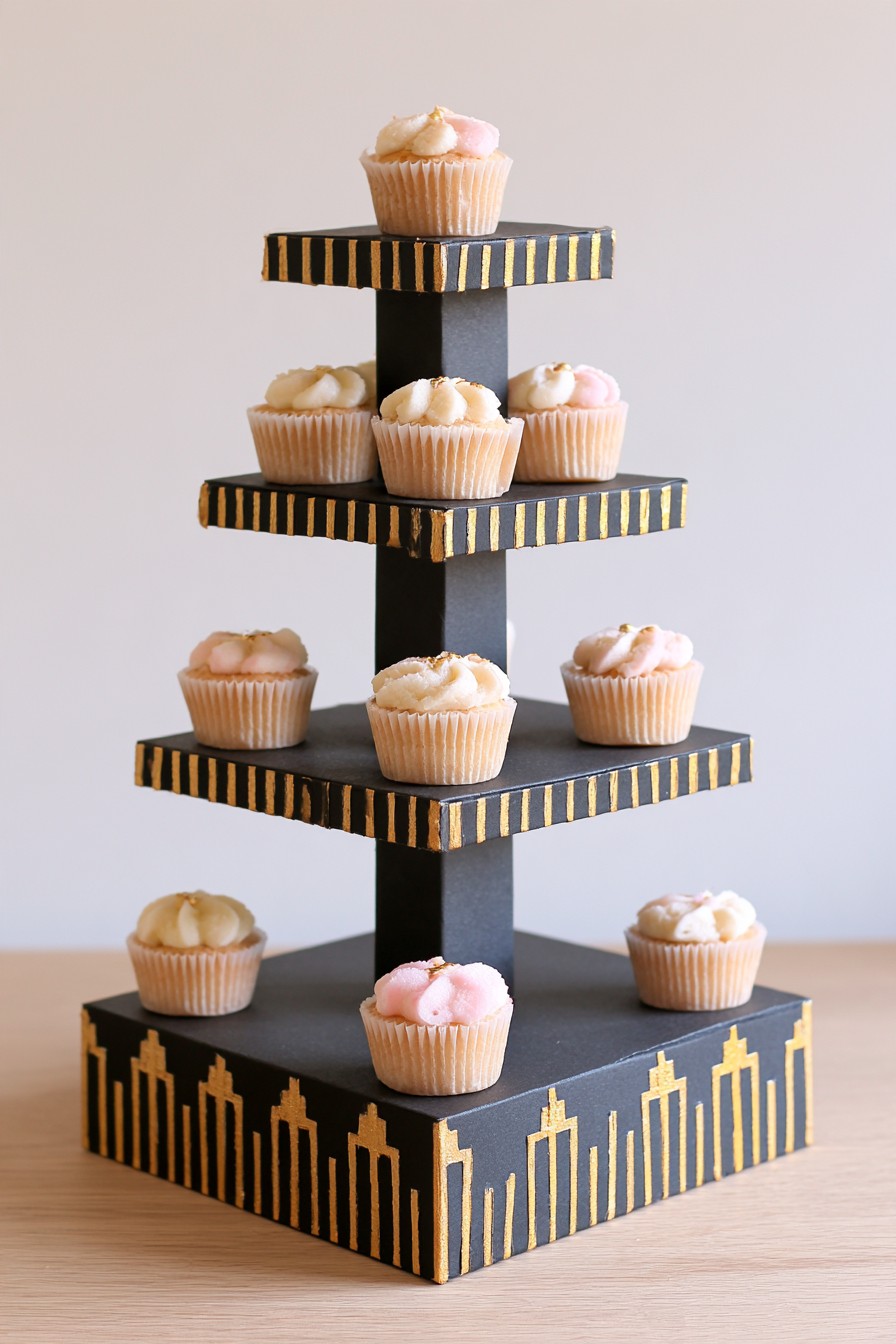 Black and gold Art Deco cupcake stand on a dessert table