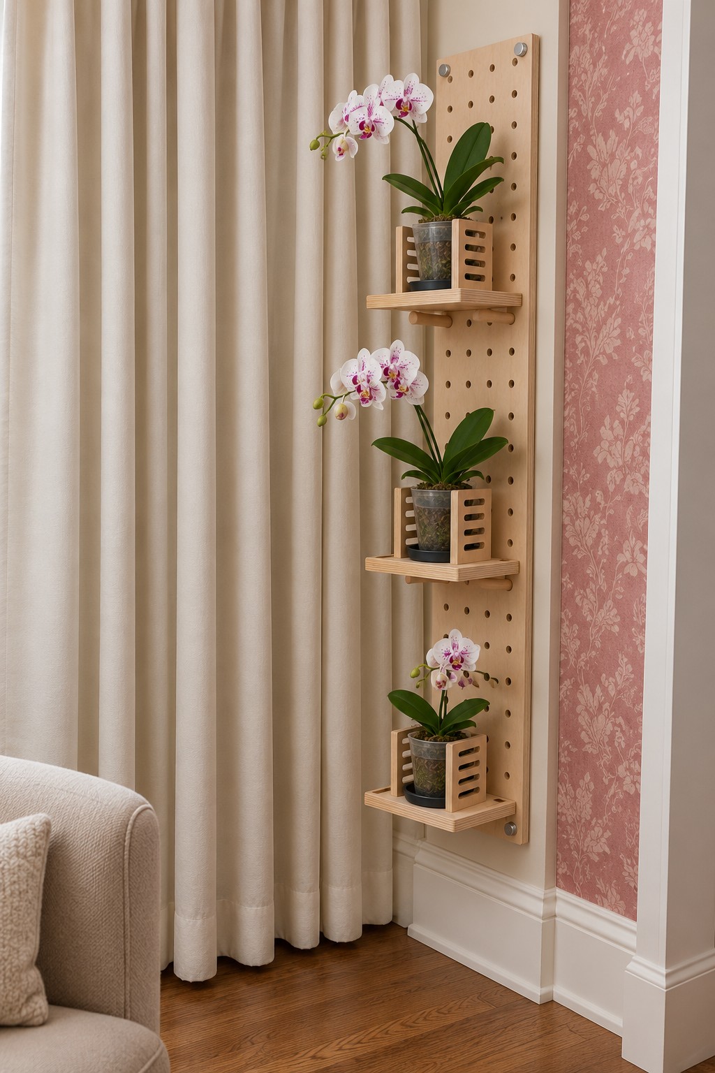Narrow wooden pegboard with three projecting shelves and slatted orchid pot covers