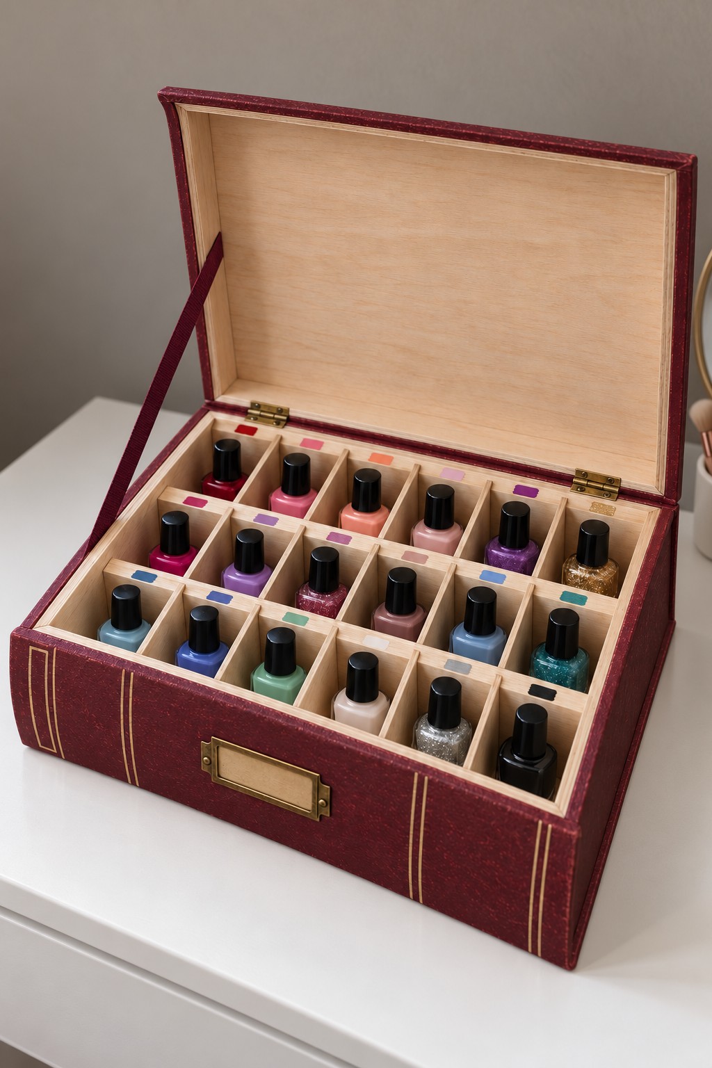 Open burgundy book shaped chest containing a wooden grid of upright nail polish bottles