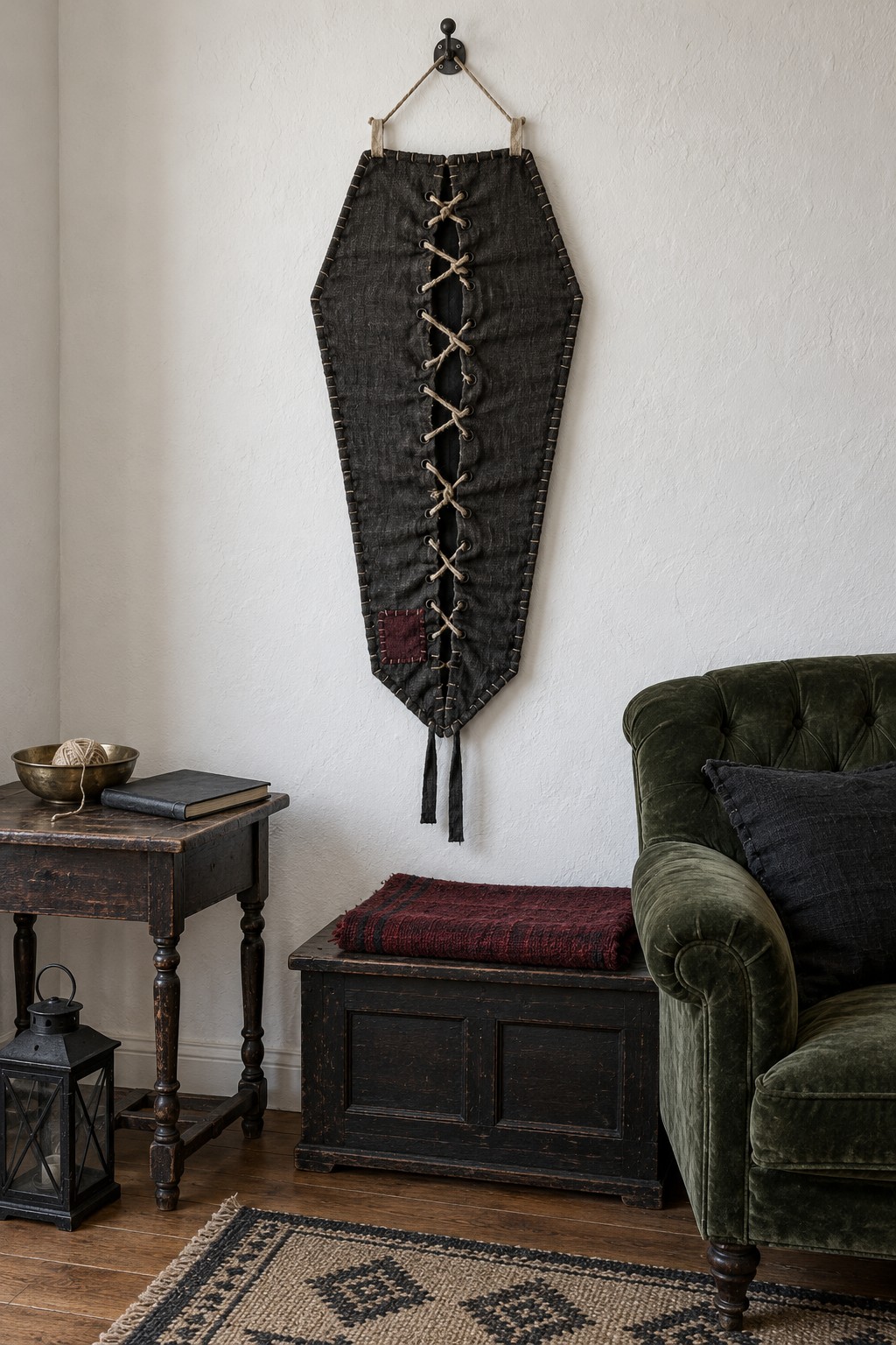 Long black coffin shaped textile banner with pale cross lacing, a burgundy patch and short hanging cord ends