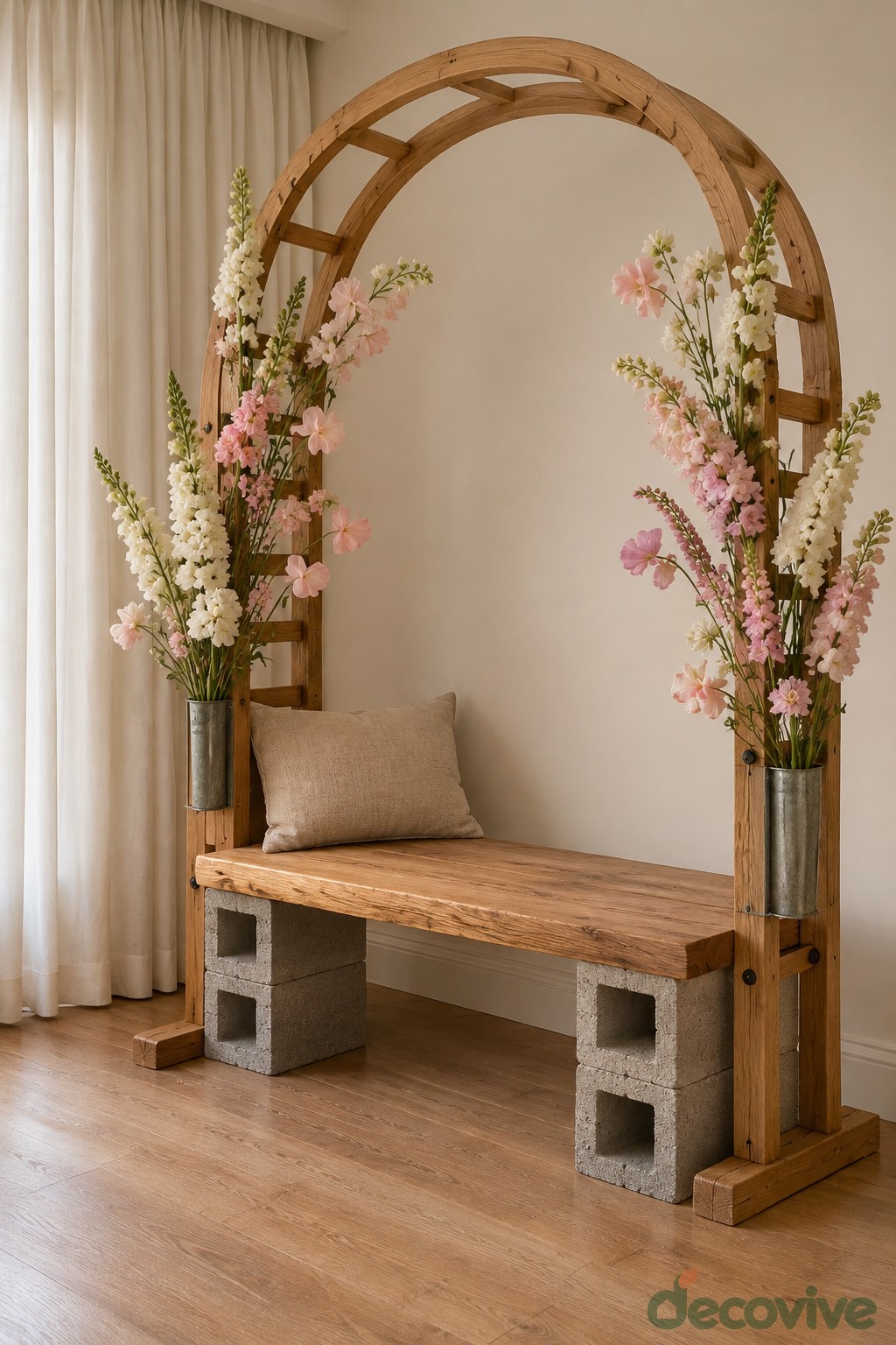 Wooden arch over a small bench supported by concrete blocks and decorated with flowers