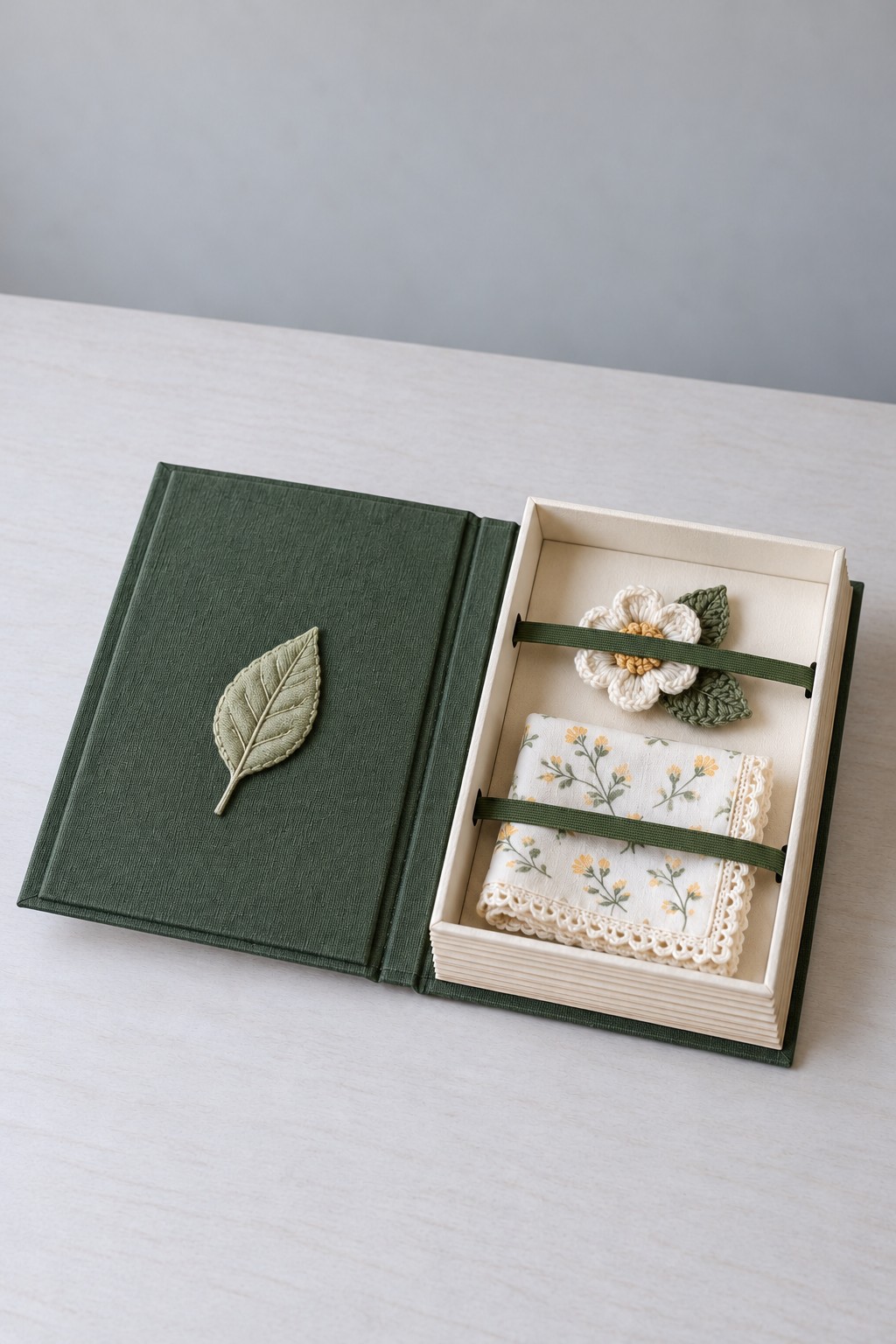 Open green fabric covered book box holding a crocheted flower and a floral handkerchief beneath two retaining bands