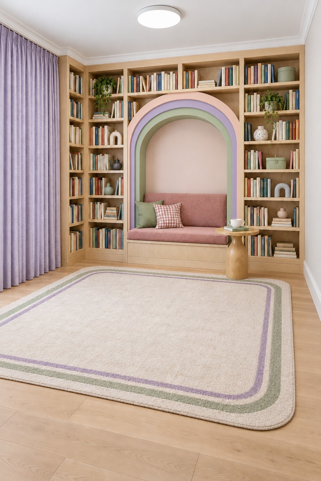 Wood library wall with a pastel rainbow arch above a pink reading bench and a pale rug with matching curved borders