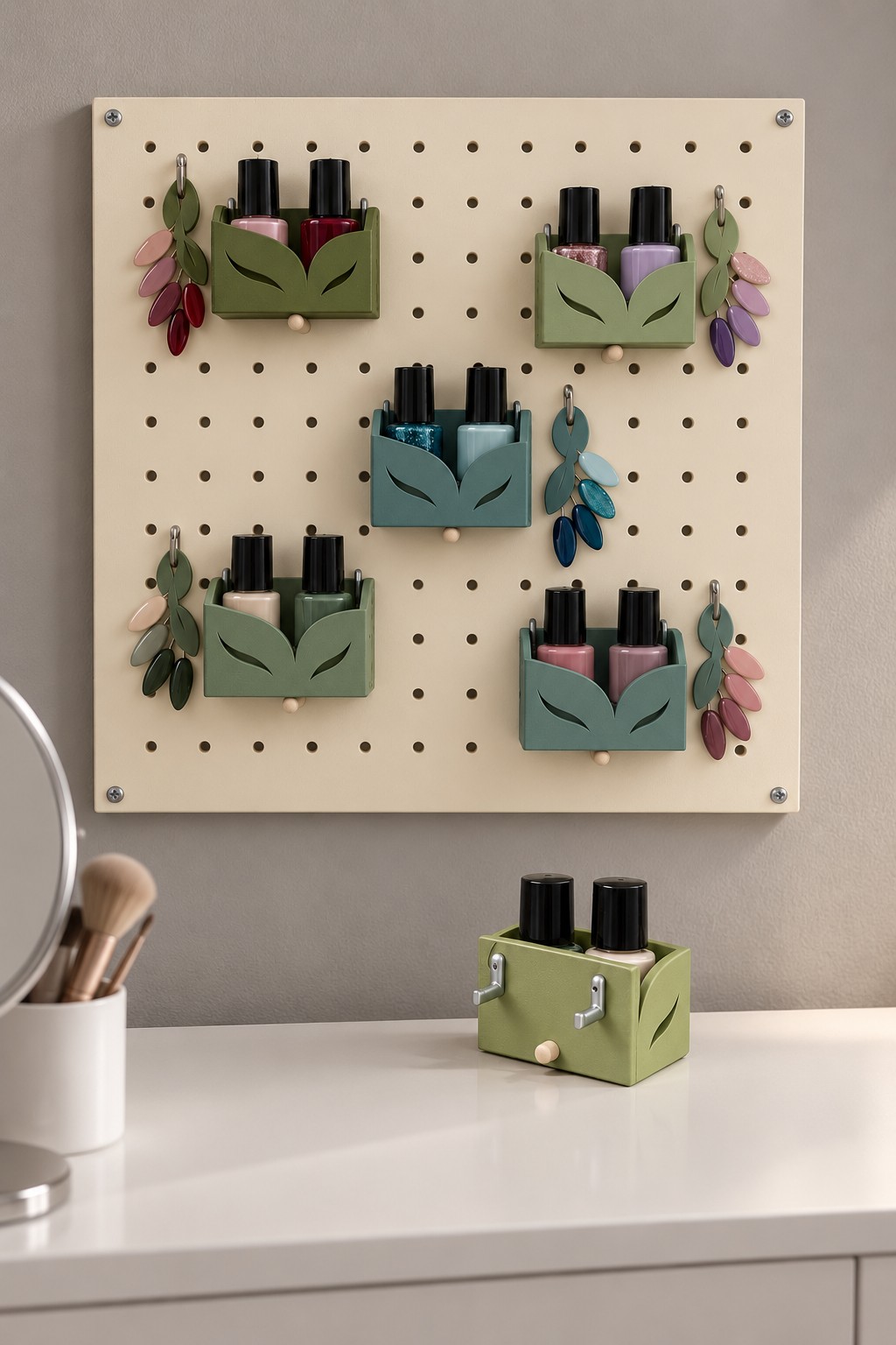 Cream pegboard holding green and teal nail polish bins with leaf shaped fronts and hanging swatches