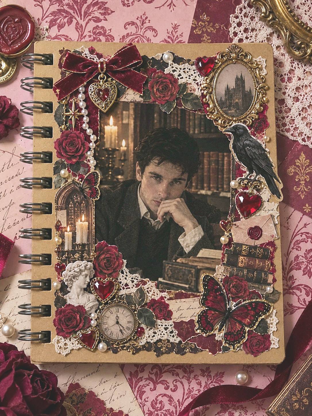 Dark academia portrait sketchbook with library imagery, aged paper layers, burgundy roses, and ribbon