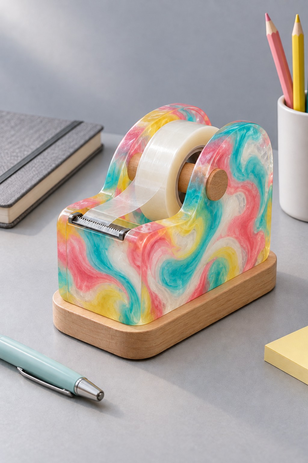 A pink, turquoise, yellow and white swirl resin tape dispenser on a wooden base, fitted with clear tape and a metal cutter.