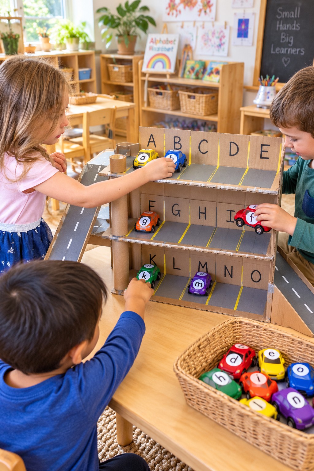 Toy cars with lowercase labels beside uppercase parking bays