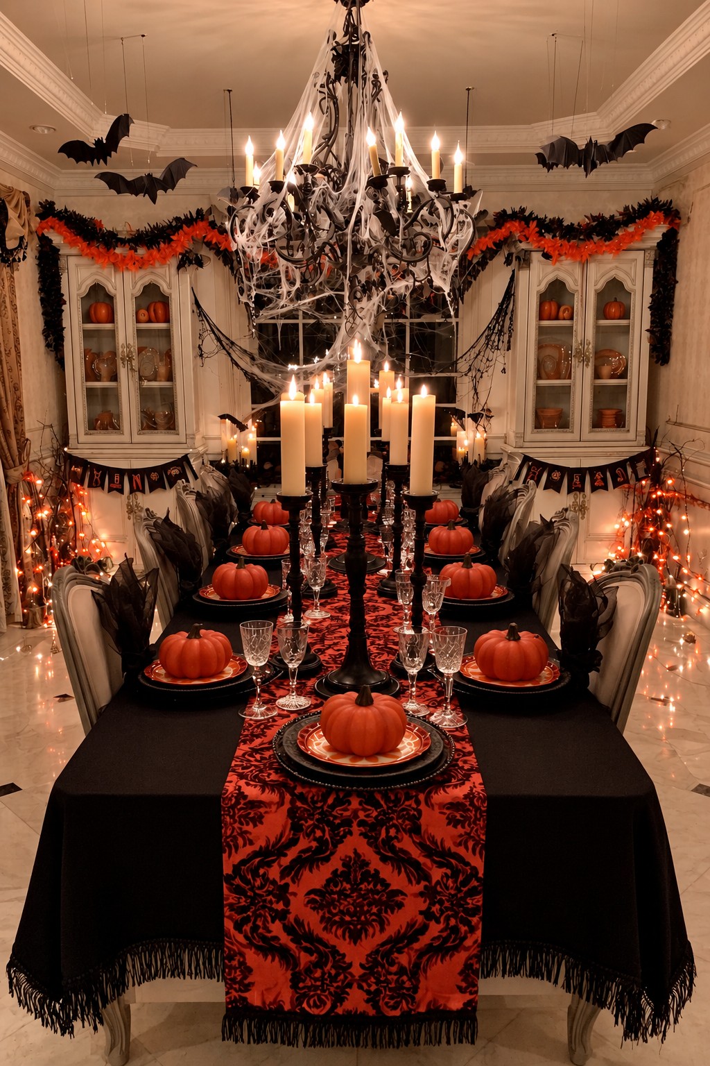 Suspended bats above an orange damask runner, pumpkin place settings, and black pillar candleholders