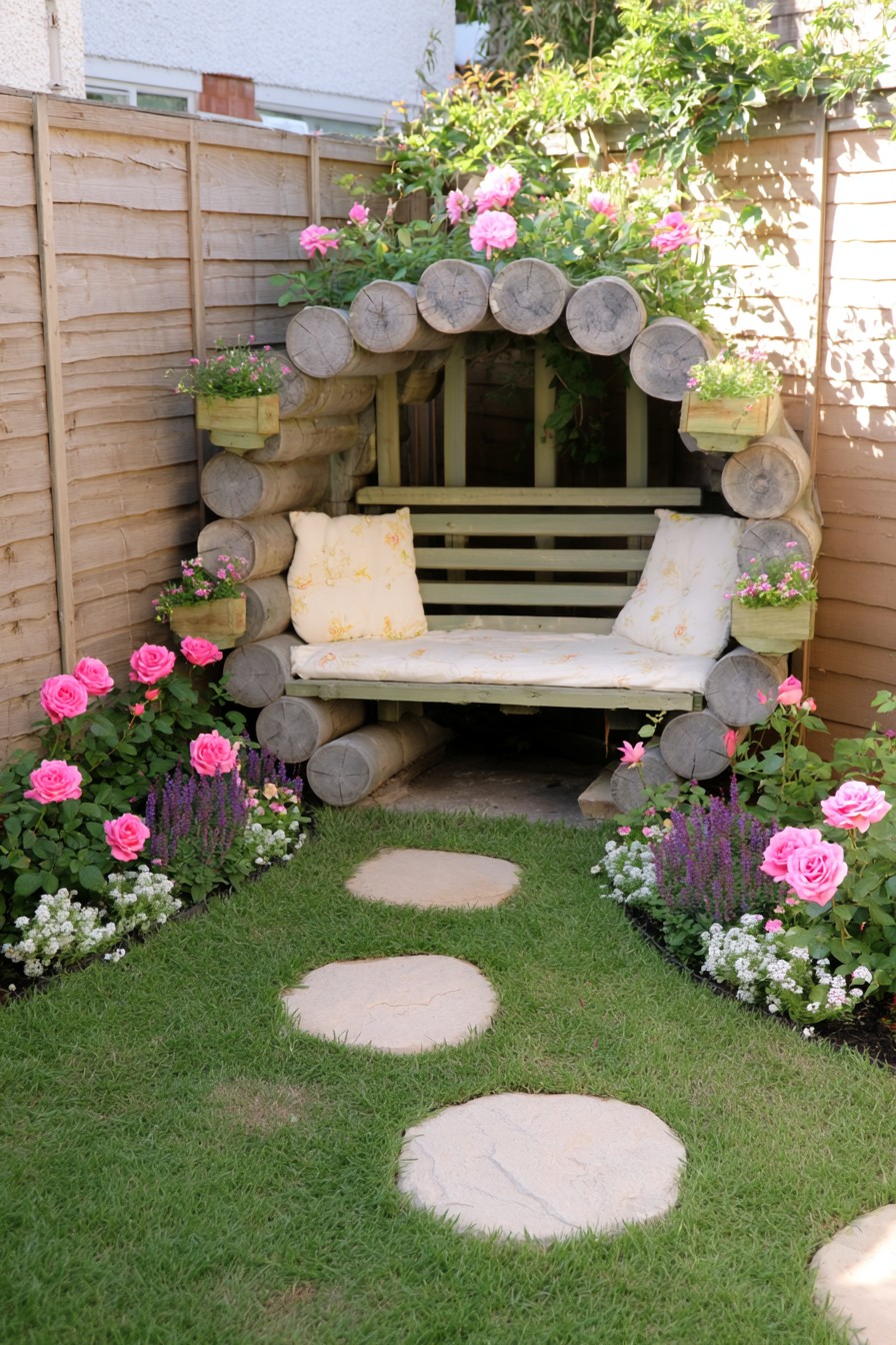 Cushioned wooden seat framed by round log ends and small attached planters