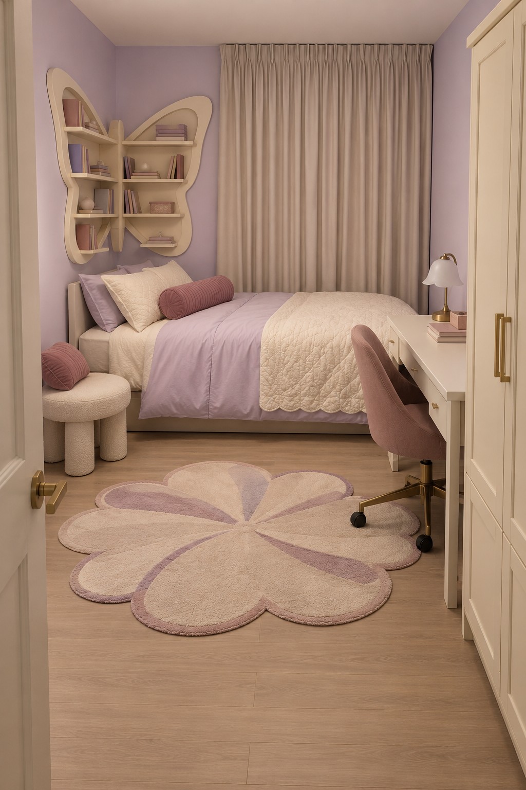 A lavender single room with a butterfly shaped wall shelf, cream bedding, a flower rug, and a pink desk chair