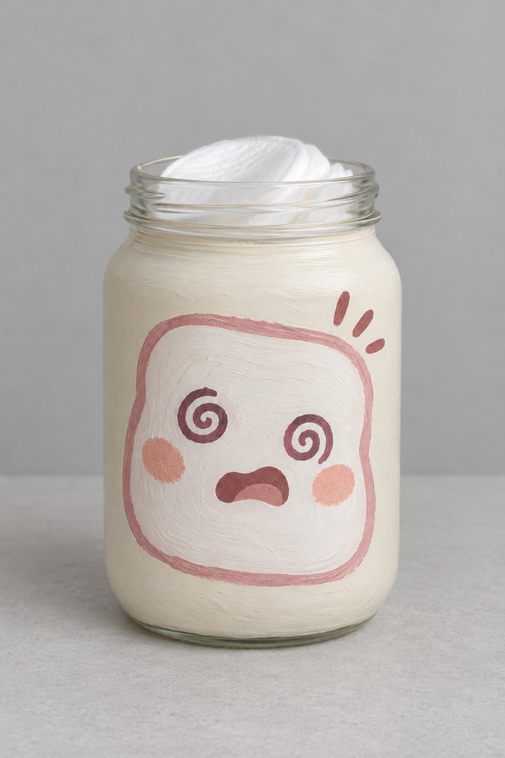 Ivory jar with a pink outlined marshmallow face spiral eyes an open mouth and rosy cheeks holding cotton pads