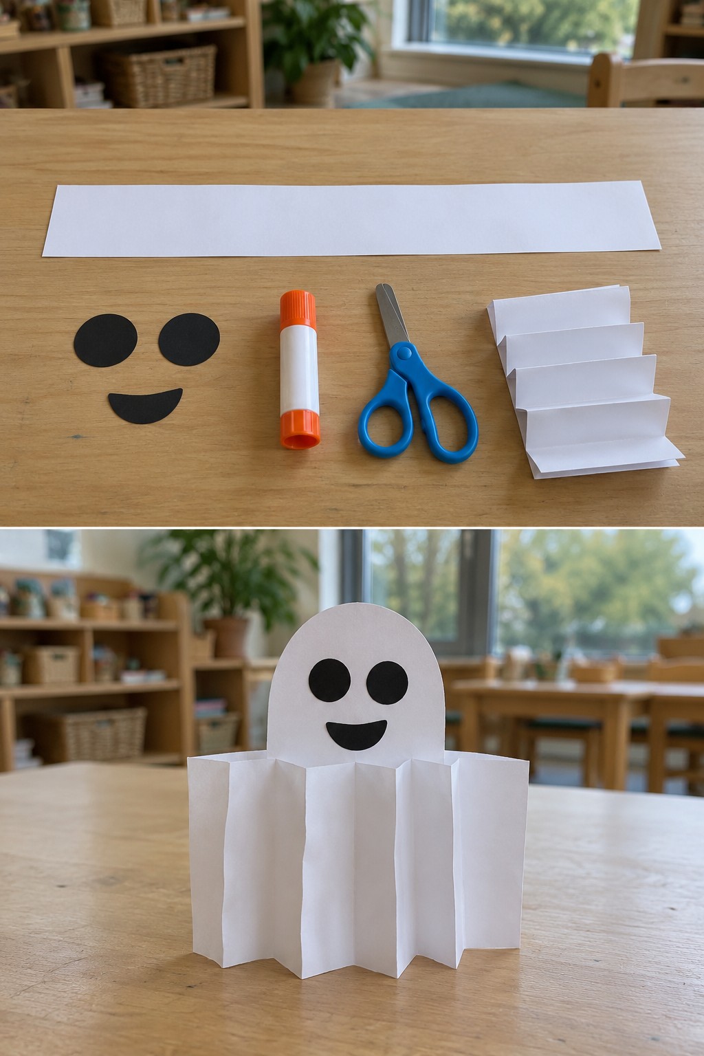 White paper and black face shapes above a standing ghost with a vertically pleated accordion body