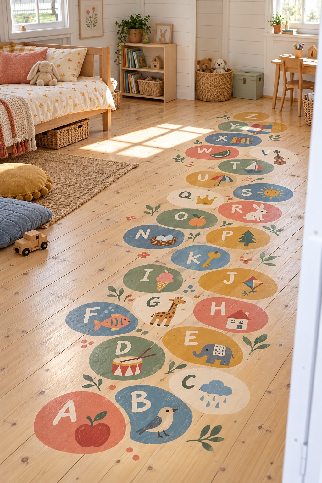 Colored letter circles with pictures of an apple, bird, cloud, and other objects along a playroom floor