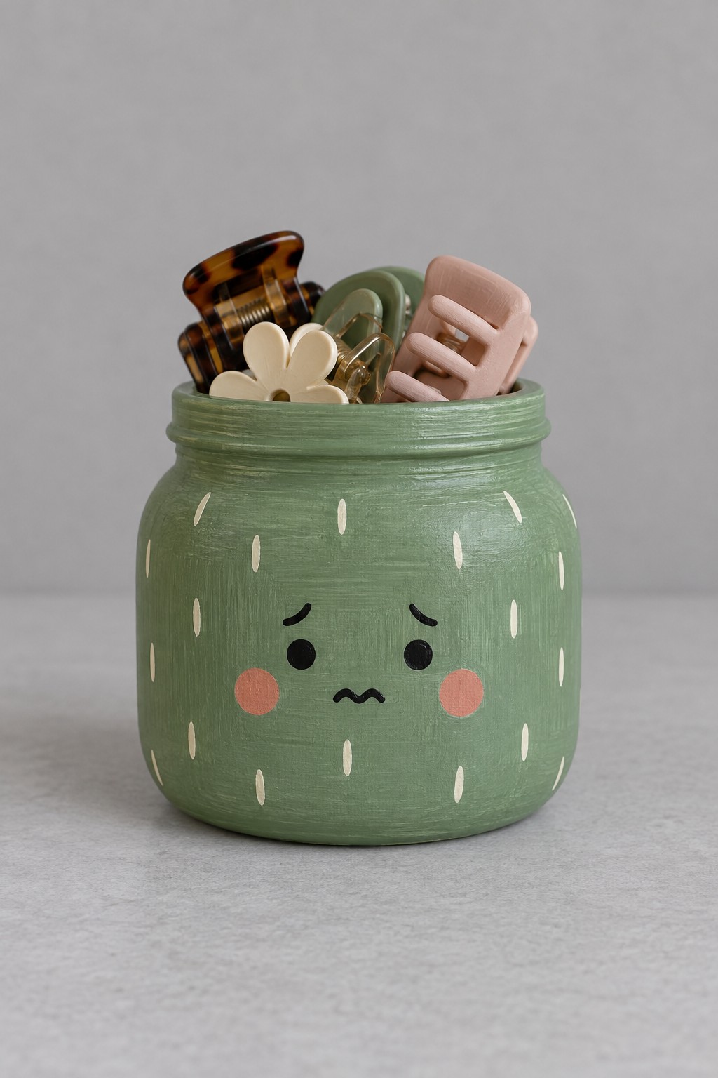 Squat sage green jar with a small worried face coral cheeks and pale dash marks holding hair clips