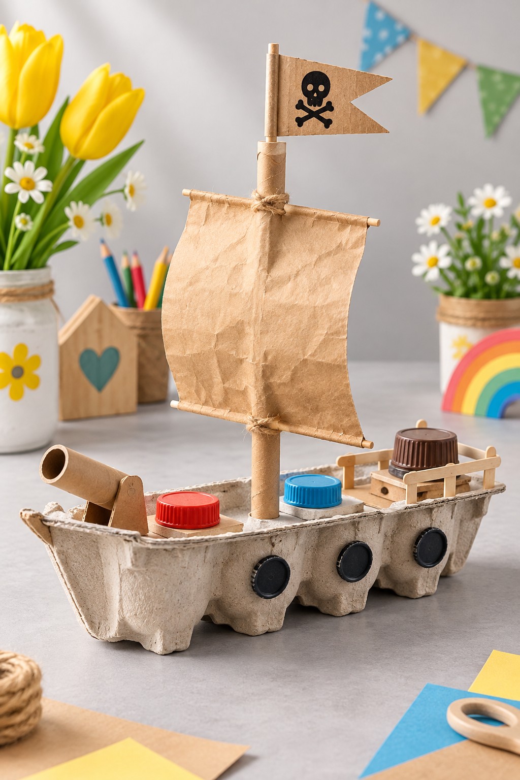 Dry egg carton pirate ship with a brown paper sail, black cap portholes, and cardboard tube cannon
