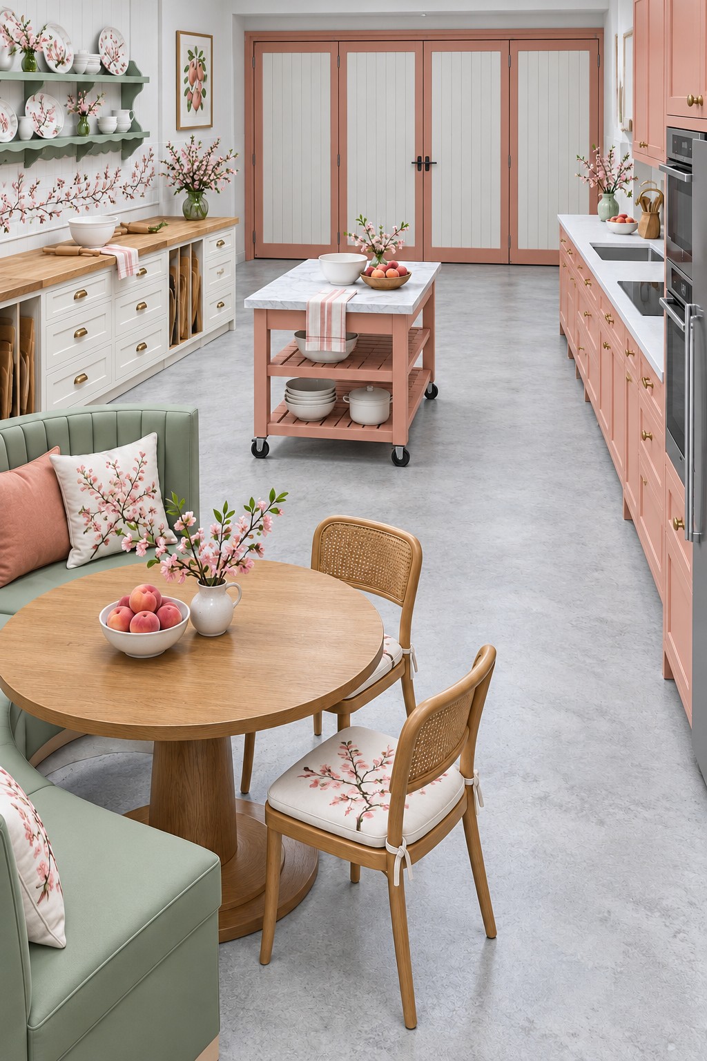 Peach and sage garage baking room with fitted ovens, white cabinets, a wheeled island, and round breakfast table